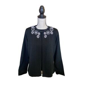 Southern Lady Women Cardigan Black Long-Sleeve Rhinestone Floral Neckline Granny
